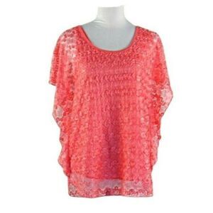 Lavish Top Flutter-Sleeve Sheer Lace Over Coral Matching Camisole Size Medium